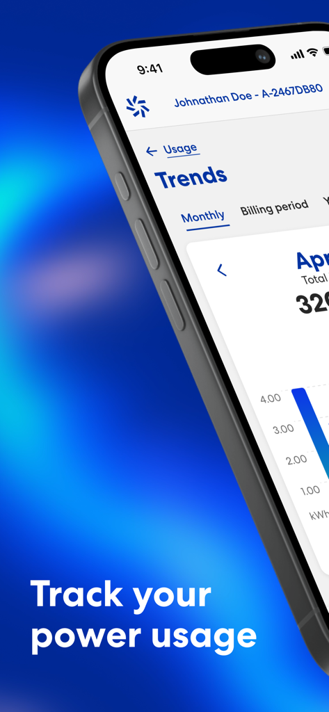 Meridian Energy NZ app interface showing energy usage trends and a bar chart for tracking power consumption