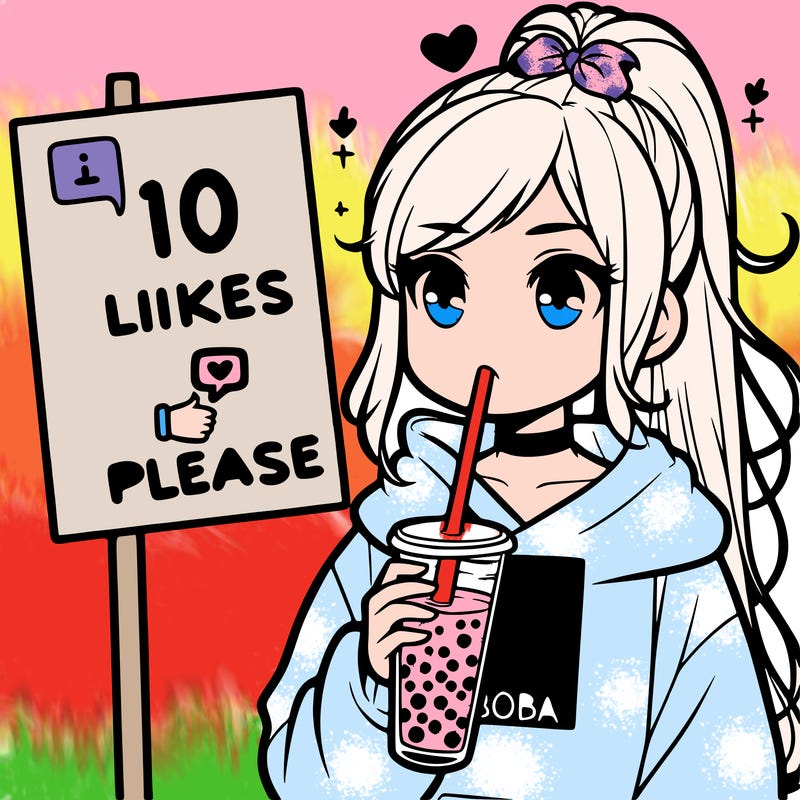 girl with a high ponytail and a hoodie drinking boba staring at a sign saying 10 likes please
