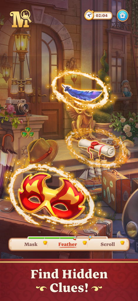 Manor Matters: Adventure Game - Eine Wimmelbild-Szene in Manor Matters, in der Spieler Hinweise wie eine Maske, eine Feder und eine Schriftrolle finden.