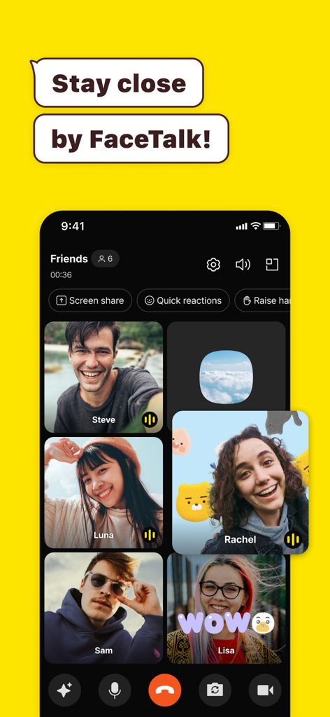 Un appel vidéo de groupe sur la fonctionnalité FaceTalk de KakaoTalk montrant six participants avec des autocollants numériques expressifs et des commandes de partage d'écran.
