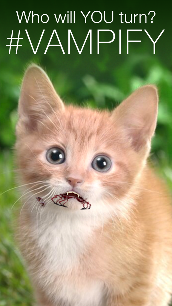 An orange kitten with realistic vampire fangs and blood effects created with the Vampify app