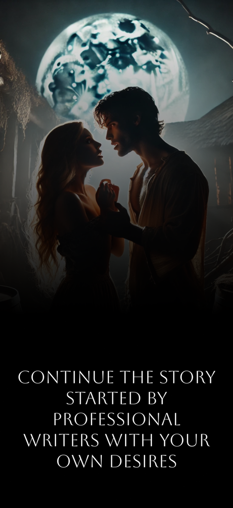 StoryLab AI: Limitless Stories - A romantic couple silhouetted against a large full moon in an interactive story scene.