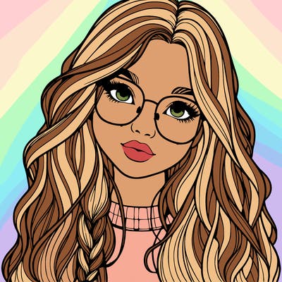 girl with long hair and freckles and glasses realistic