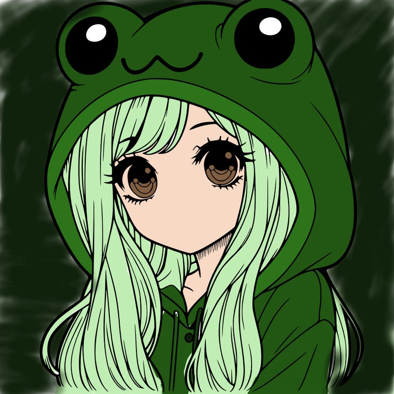 a pretty girl wearing a frog hoodie portrait with long hair