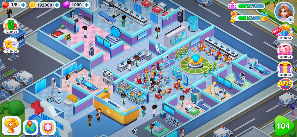 Vista superior concurrida de una clínica médica con varias salas de tratamiento y pacientes.