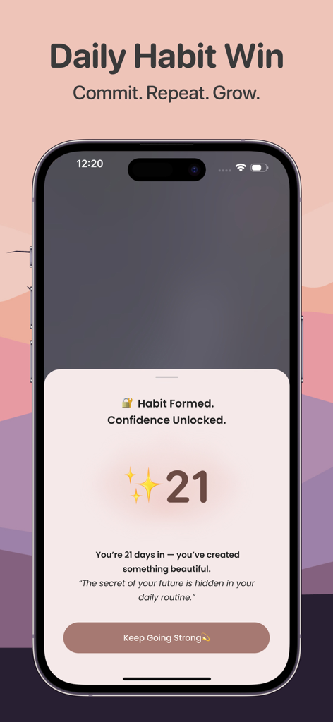 Daily Affirmations: Life Quote - Pantalla de la aplicación Afirmaciones Diarias que muestra un hito de racha de 21 días y una notificación de hábito formado
