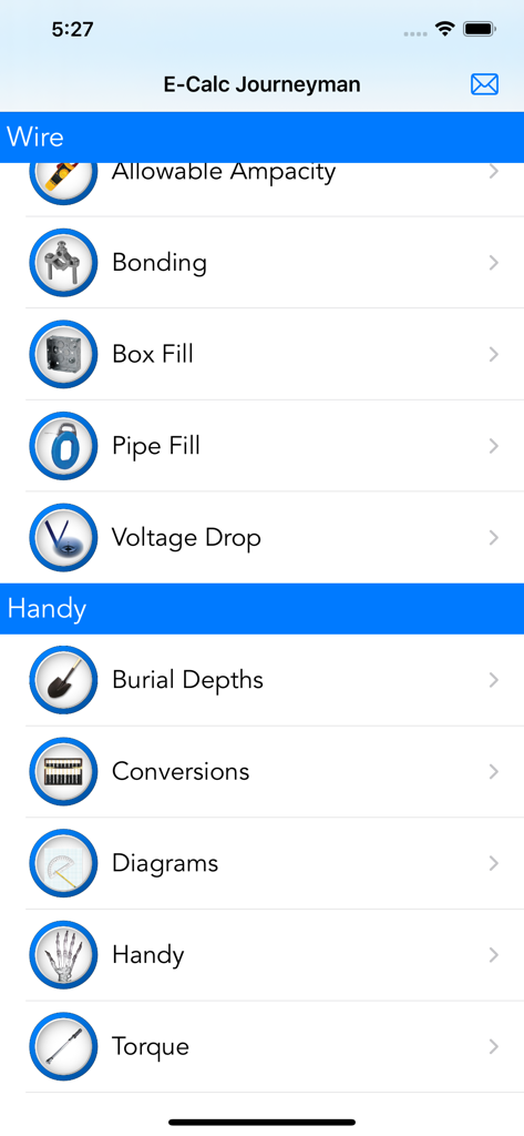 Hauptmenü der E-Calc Journeyman-App mit Optionen für elektrische Berechnungen für Kabelbinderkästen und Verlegetiefen.