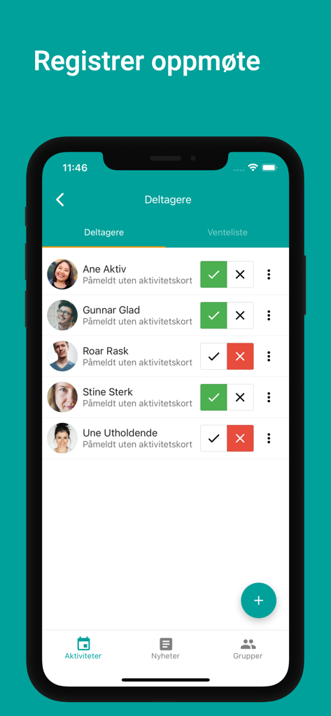 Rubic Connect - Interface of Rubic Connect app showing a participant list for registering activity attendance
