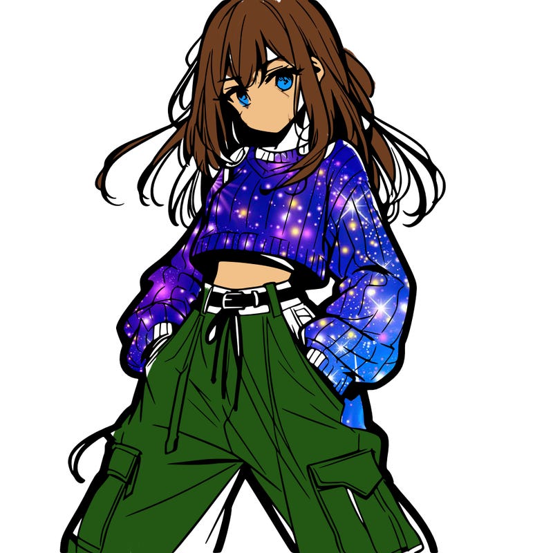 anime teen girl with baggy pants and crop top with sweater