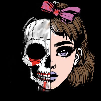 realistic girl with half skull mask