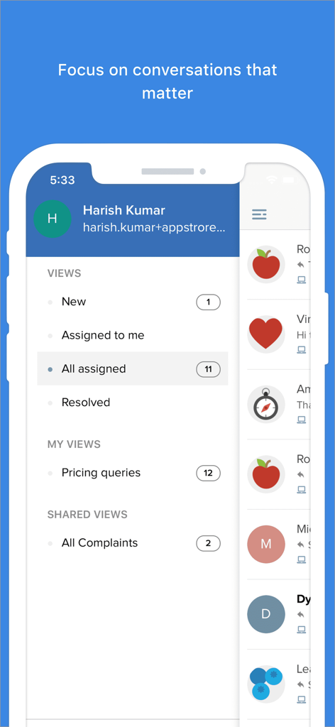 Freshchat - Freshchat mobile app interface displaying the conversation management sidebar menu