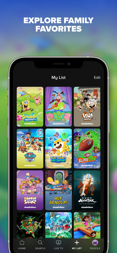 Paramount+ - Paramount plus app showing a list of kids and family animated shows including SpongeBob and PAW Patrol.