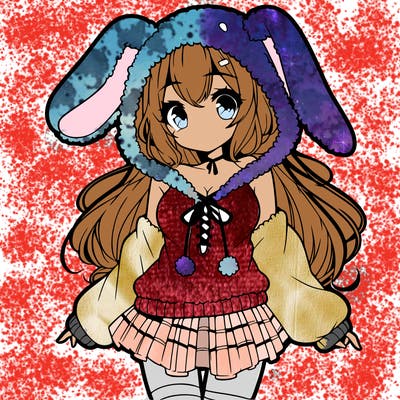 pretty anime girl wearing a fluffy hoodie with bunny ears on the hood and a skirt