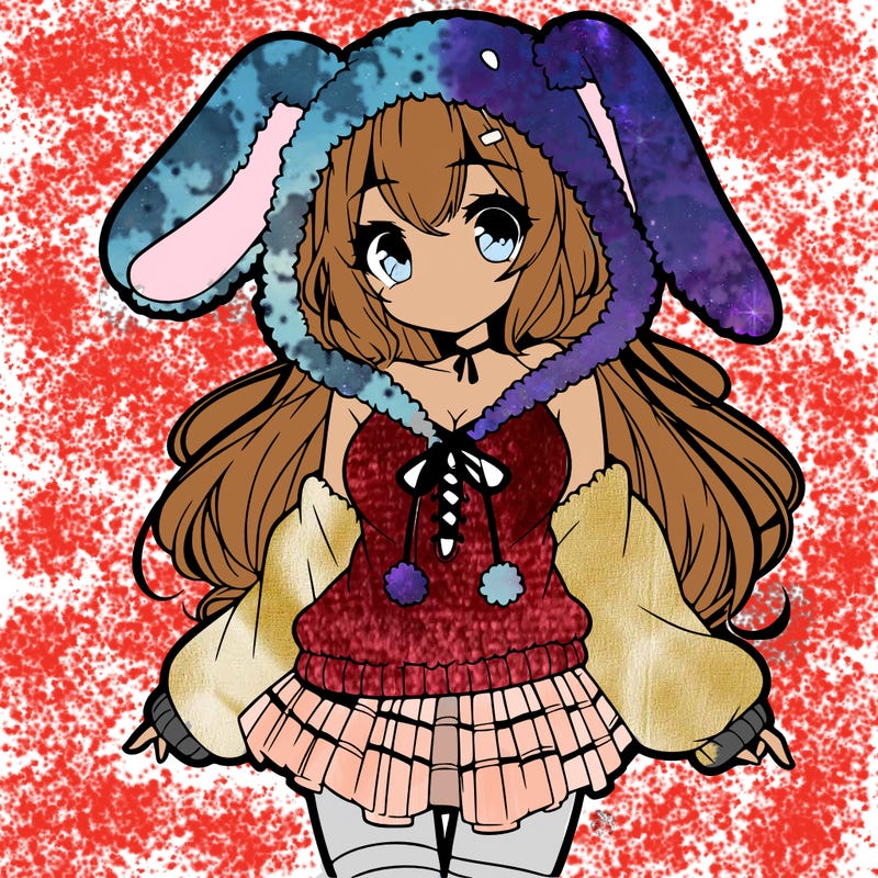 pretty anime girl wearing a fluffy hoodie with bunny ears on the hood and a skirt