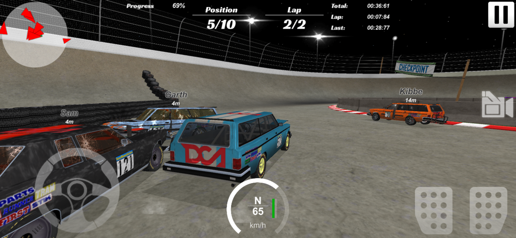 Demolition Derby 3 - A multiplayer race in Demolition Derby 3 showing multiple cars on an oval track at night with in-game HUD elements.