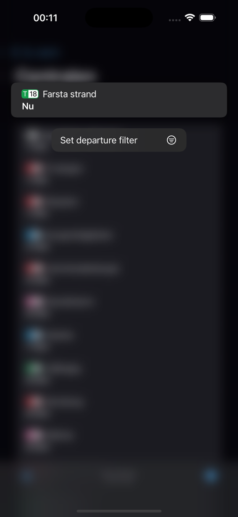 SL watch - iPhone screenshot of the SL watch app displaying a metro departure for Farsta strand and a departure filter button