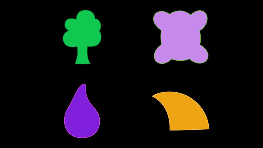 Hippi 1 - Four simple colorful shapes on a black background for cause and effect learning.