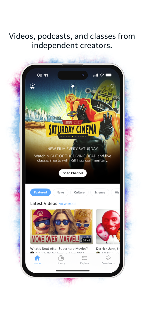 Nebula App-Startbildschirm mit Videos und Kursen von unabhängigen Kreativen.