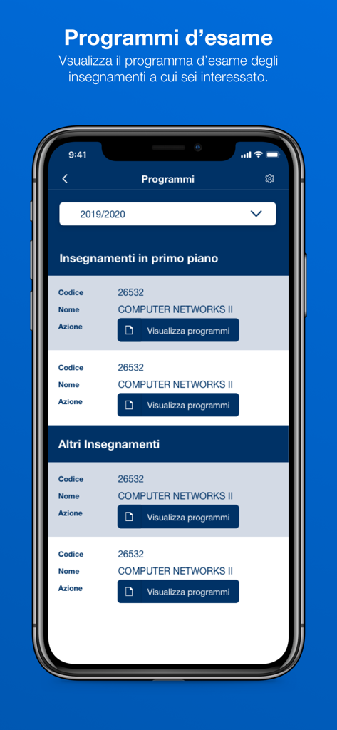 Docenti UNINA - Screenshot dell'app Docenti UNINA che mostra la sezione dei programmi d'esame con un elenco di corsi universitari e link per visualizzare i piani di studio.