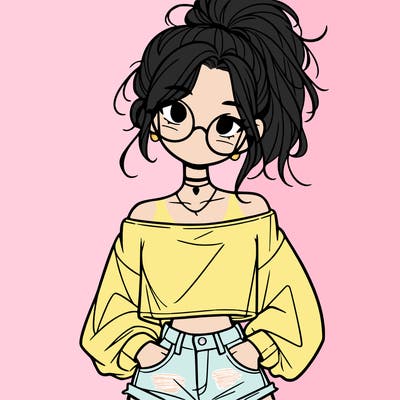 girl with a messy ponytail glasses a baggy crop top and jean shorts
