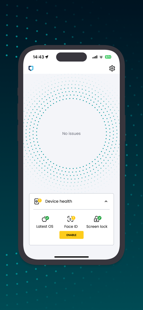 Executive Threat Protection app showing device health status and security checks on iPhone