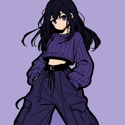anime teen girl with baggy pants and crop top with sweater
