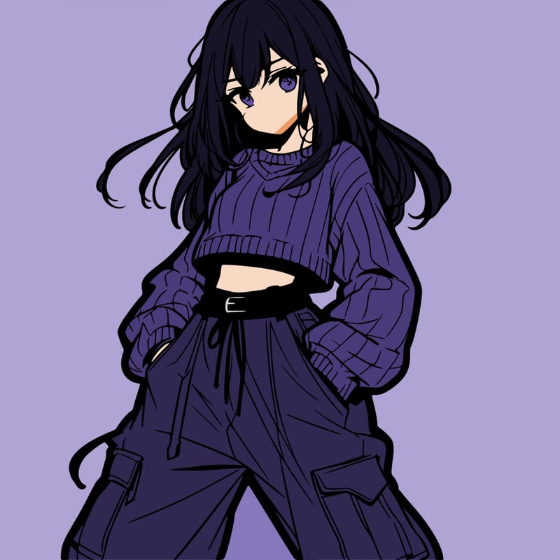 anime teen girl with baggy pants and crop top with sweater