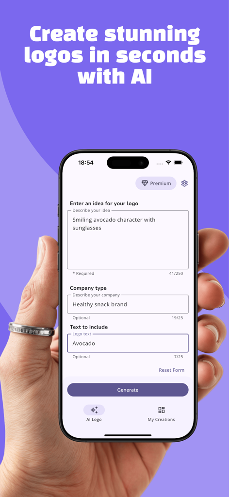 AI Logo Generator - Lōgō - カスタムロゴ作成のためのテキスト入力フィールドが表示されたAIロゴジェネレーターアプリのインターフェースを示すスマートフォンの画面。