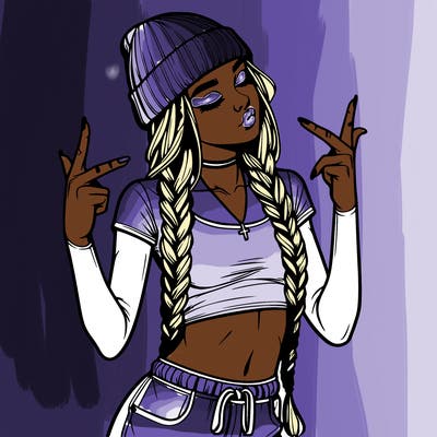 realistic teenage girl with braids and a beanie and crop top doing 🫶🏼