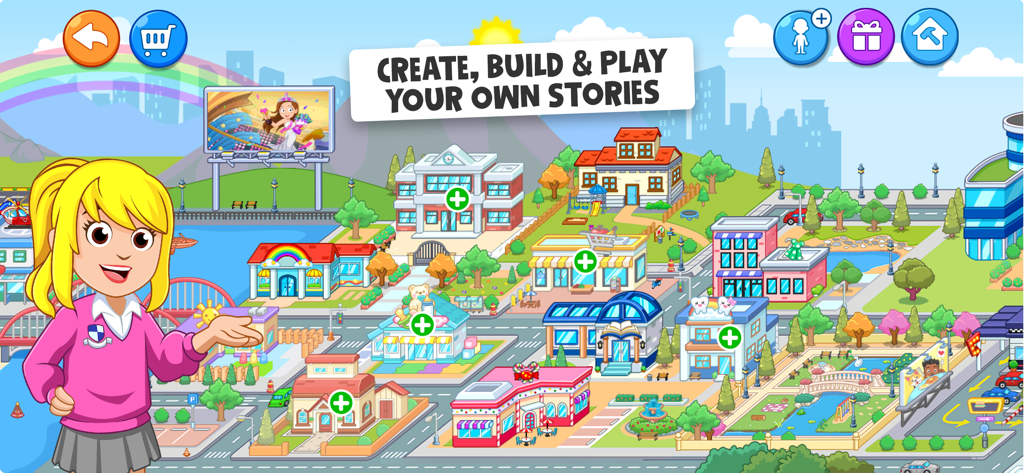 My Town World: Doll House Life - A vibrant cartoon city map in My Town World showing various buildings and a character