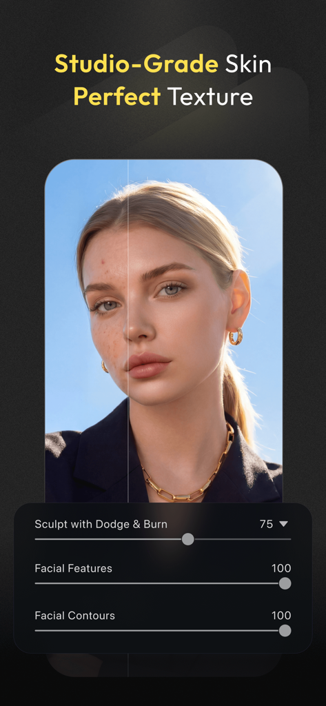 Before and after comparison of professional AI skin retouching and facial sculpting on a portrait