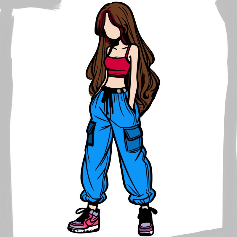 girl in baggy pants crop top and long hair