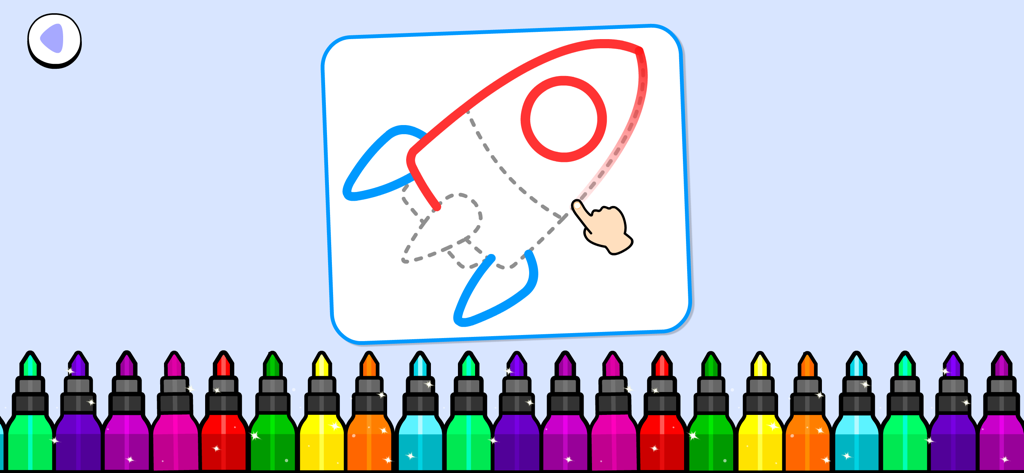 Kids coloring app interface showing a rocket ship being traced with colorful markers
