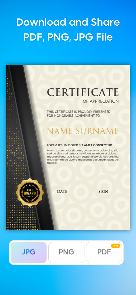 Certificate Maker app interface displaying options to download certificates in PDF PNG and JPG formats