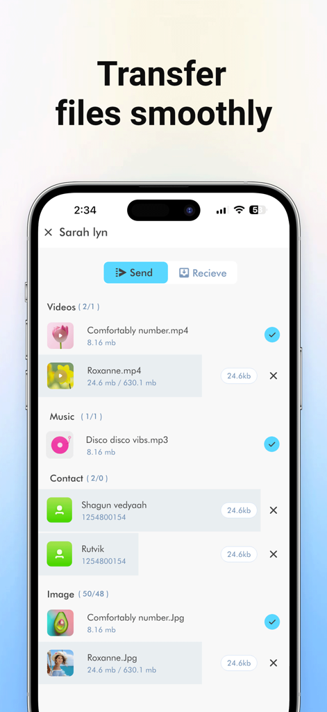 File transfer app interface showing shared videos music and contacts on iPhone