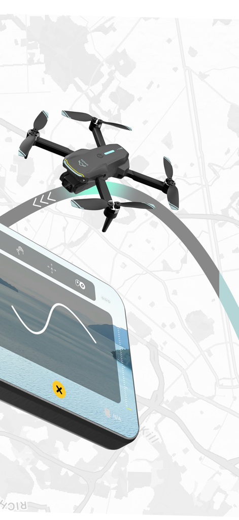 AMETA Drone - AMETA drone flying over a map with a smartphone screen showing a live aerial camera feed and creative flight path trajectory