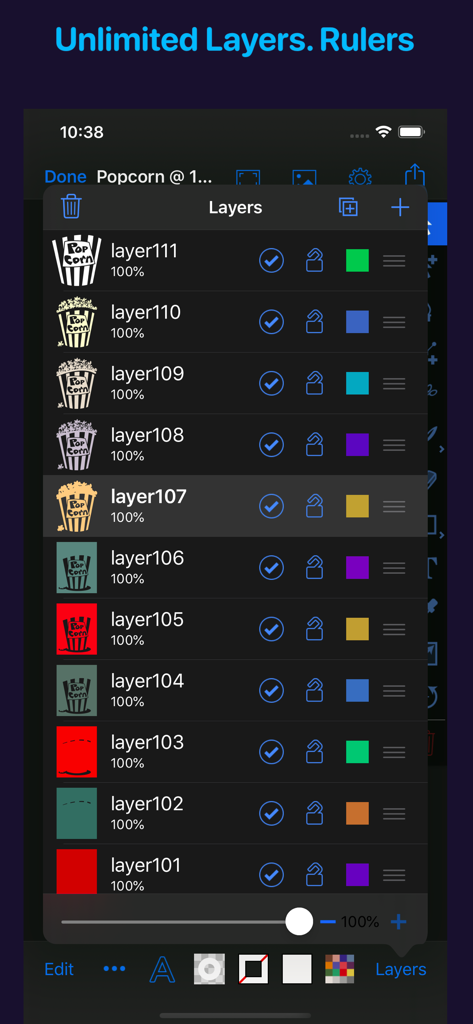Artmator - Screenshot der Artmator Vektorzeichen-App, die das Panel für unbegrenzte Ebenen mit verschiedenen Illustrationskomponenten zeigt