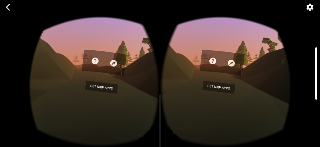 A stereoscopic split-screen view from the Google Cardboard app showing a low-poly sunset landscape with a menu to get new apps.