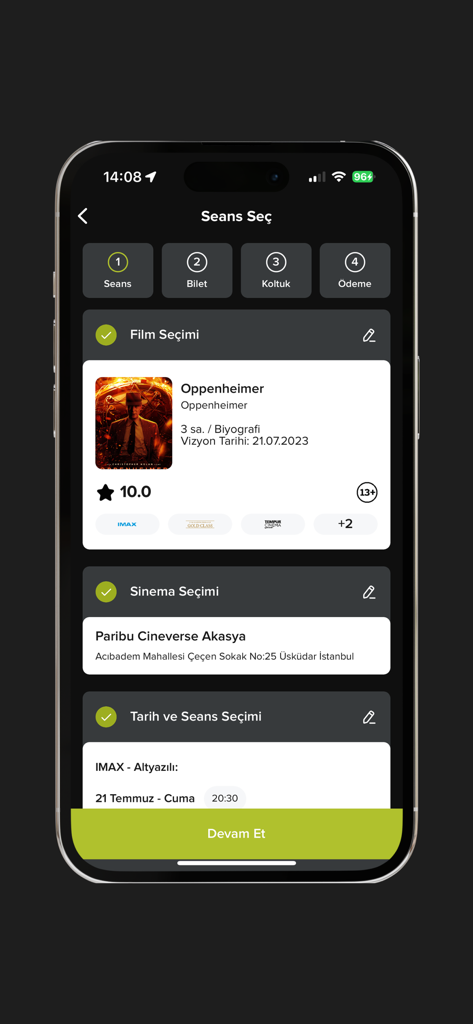 Cineverse - Cineverse mobile app interface for selecting a movie session and cinema