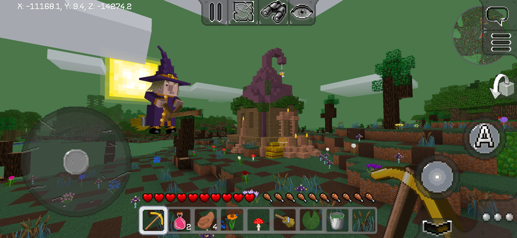 A flying witch character on a broomstick near a purple blocky house in MultiCraft