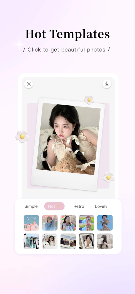 RizaCam mobile app interface displaying popular photo editing templates with a polaroid frame and decorative flower stickers