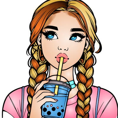 realistic girl with braided hair drinking boba