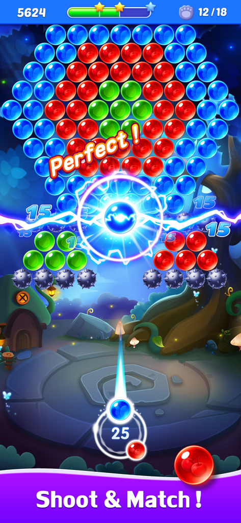 Gameplay of Bubble Shooter Legend showing a lightning booster popping colorful bubbles