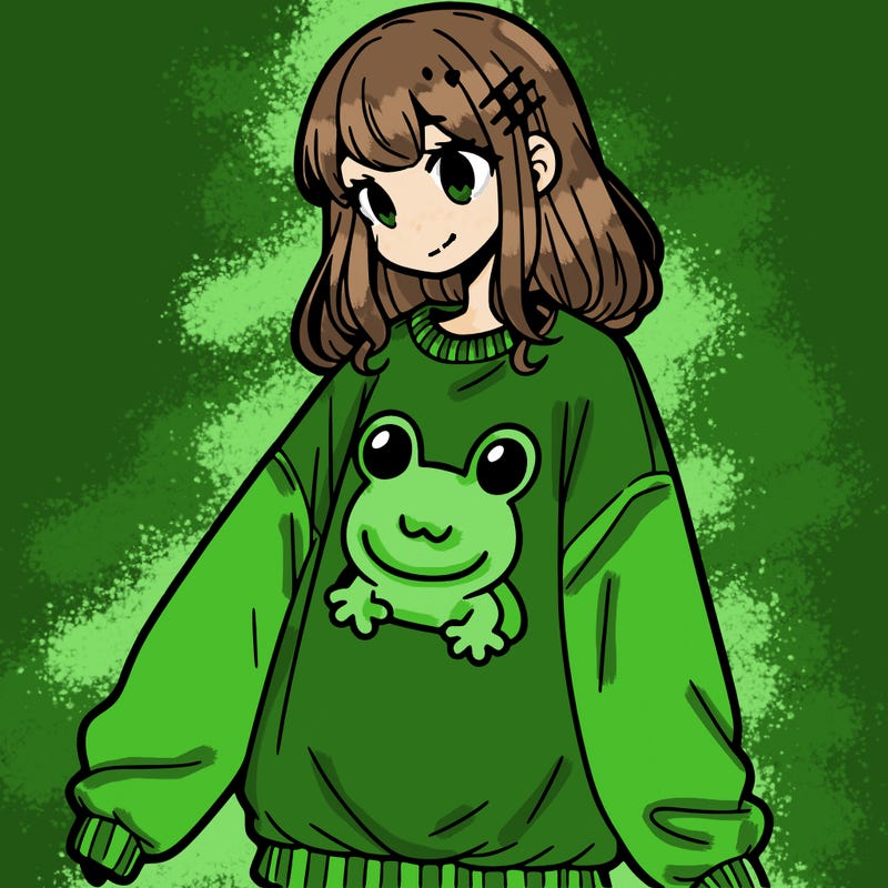 girl wearing frogging sweatshirt
