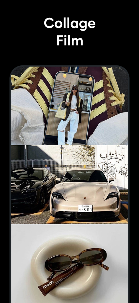 Aesthetic collage film templates in the Muse app featuring lifestyle photos and luxury cars