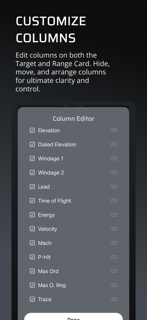 AB Quantum - AB Quantum app screen showing the column editor to customize ballistic data for target and range cards