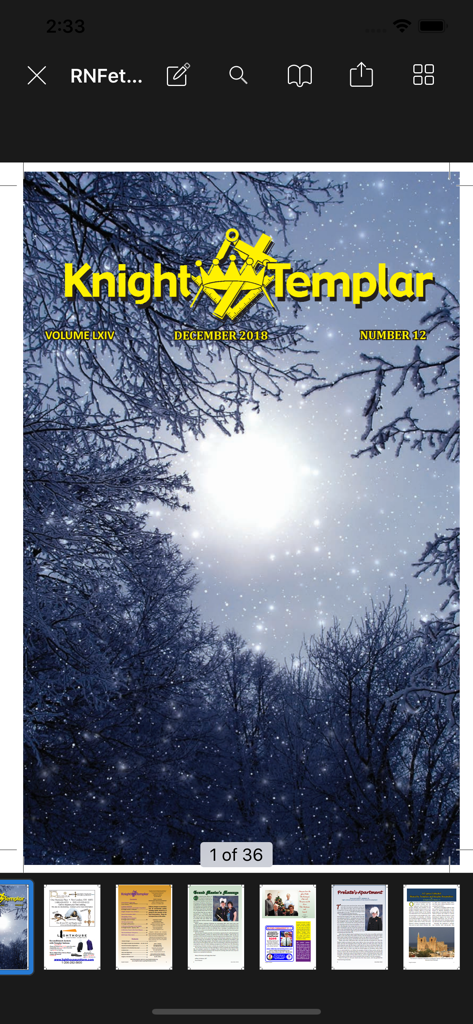 Portada de la revista Knight Templar de diciembre de 2018 con una escena de bosque invernal con árboles cubiertos de nieve y un sol brillante