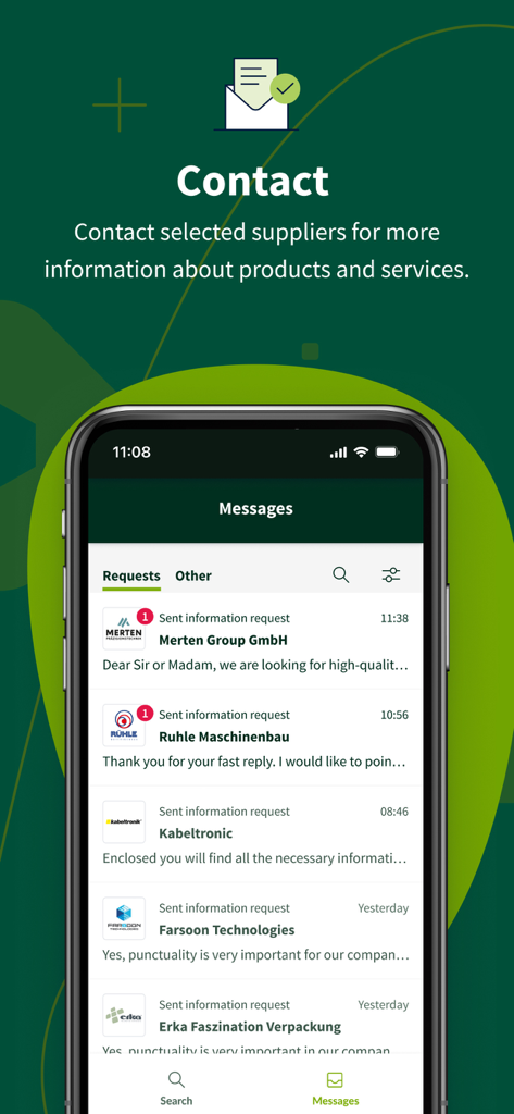 Europages mobile app interface displaying a message hub with sent information requests to international B2B suppliers