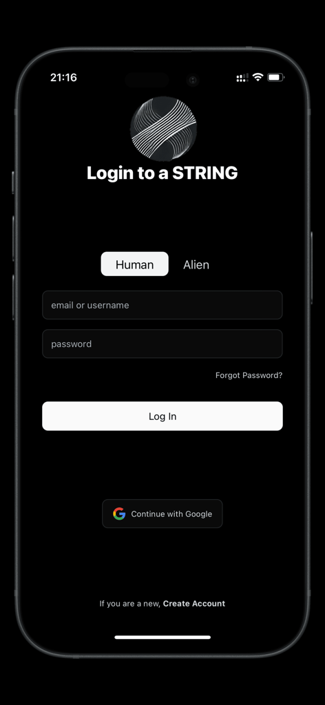 aSTRING Chaos - Login screen for aSTRING Chaos app featuring a dark theme and mode selection for Human or Alien identity.