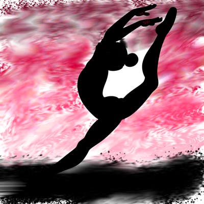 gymnast doing a leap in a leotard with a bent back leg